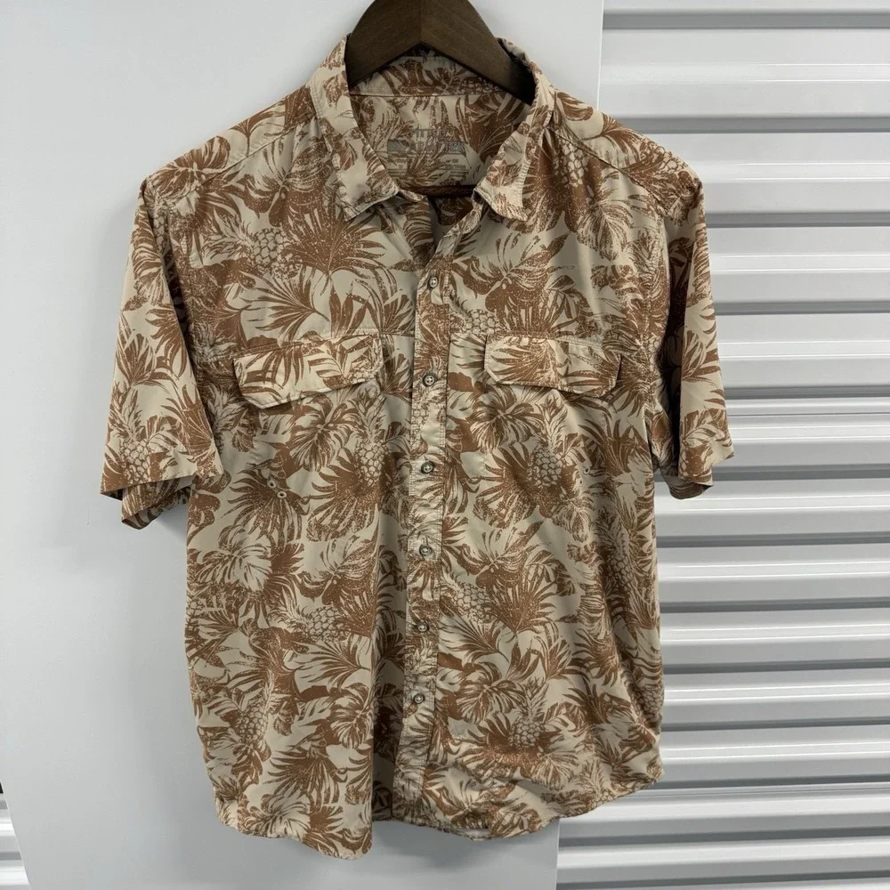 AriatTEK Fitted Hawaiian Fishing Shirt Mens M Brown Tropical Button Up
